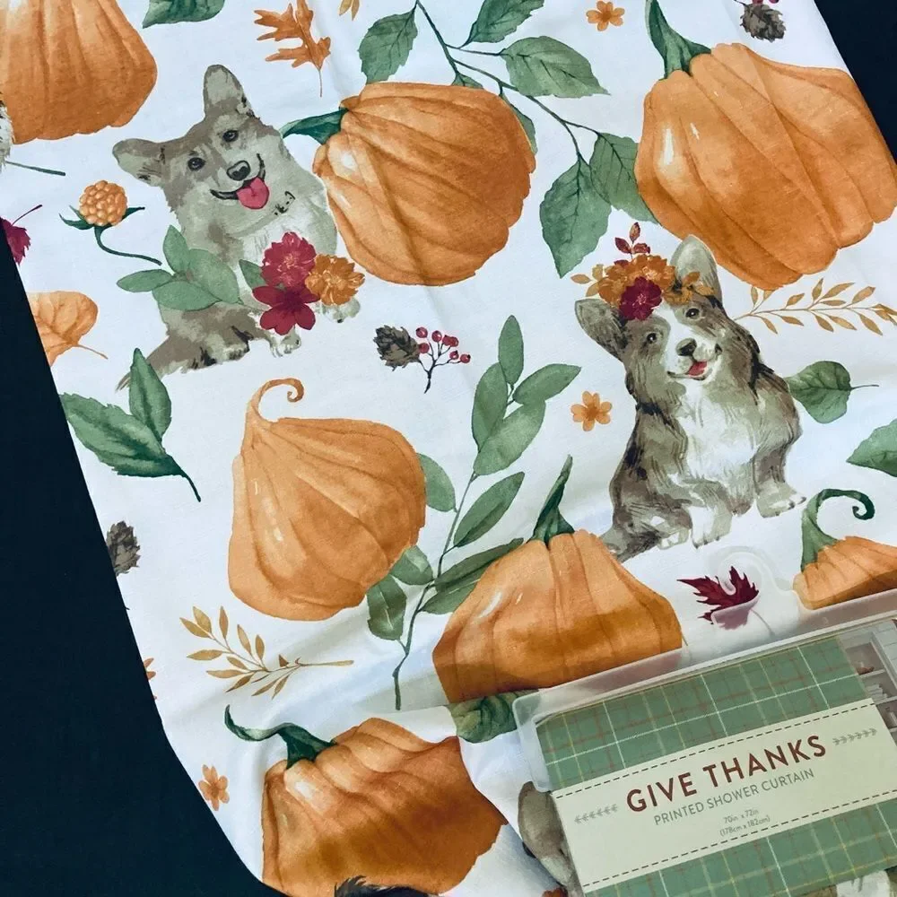 Fall Autumn Dogs Pumpkin Patch Fabric Shower Curtain